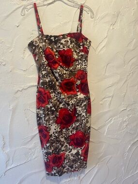 Karen Millen Vintage Red Rose & Camo Print Midi Dress